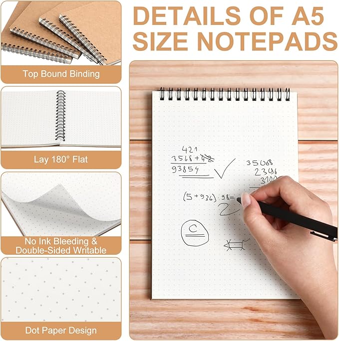 Engrowtic Dot Grid Notebook Top Spiral Notebook A5 Size Bullet Dotted Paper Hardcover Dot Journal 8.3''x 5.8'' 140 Pages Spiral Notepads for Sketching Drawing Writing School Office(Brown,12 Pcs)
