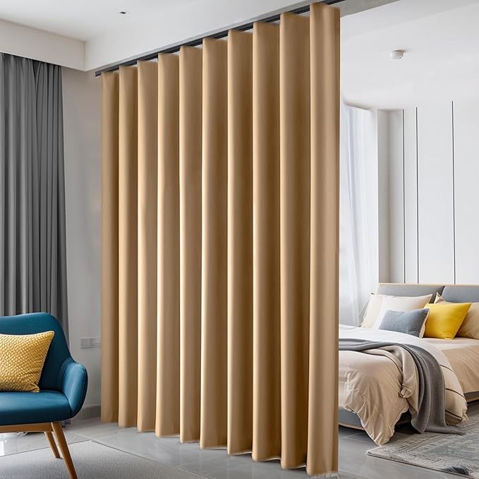 hoeflife Room Divider Curtains Blackout Floor to Ceiling Curtain with Hook Wall Mount Sliding Door Curtains Ceiling Mount Extra Wide Curtain Wall Divider for Room Separation (Khaki, W100 x H96 Inch)