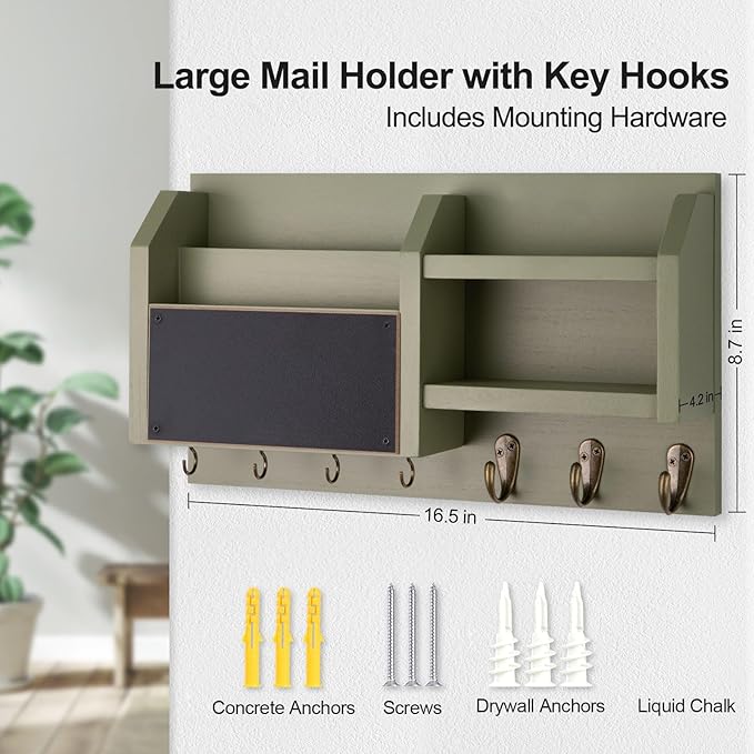 Lwenki Mail and Key Holder – Wall Mount Key Hanger with Shelf and 7 Metal Hooks – Decorative Natural Paulownia Wood Entryway Organizer with Mounting Hardware (16.5”W x 8.7”H x 3.5”D) (Sage-Green)