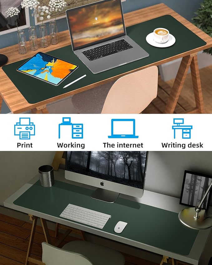 Leather Desk Pad Protector, Office Desk Mat, Large Mouse Pad, Non-Slip PU Leather Desk Blotter, Laptop Desk Pad, Waterproof Writing Pad for Office/Home/Decor (Dark Green, 40" x 17")