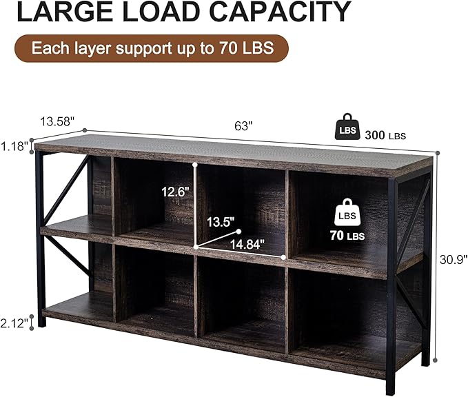 VAKATRELL 8 Cube Storage Organizer Bookshelf, Industrial Horizontal Bookcase, Accent Cubby Shelf, Media Console Table for Living Room, Home Office, 13.6" D x 63" W x 30.9" H, Dark Grey Oak