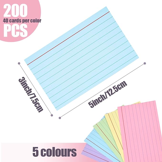 Koogel 200PCS Index Cards 3 x 5, Colored Index Cards Lined Ruled on both Sides for Back to School, Heavy Notecards Flashcards for Studying Office, Home, College, To Do List Supplies