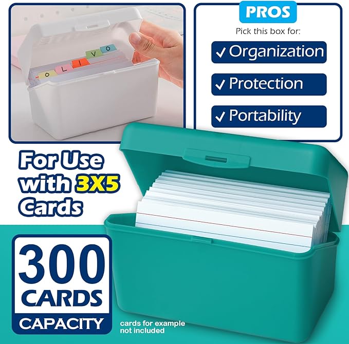Olivo Index Card Holder Box 3x5 Flash Note Card Holder Storage File Box Organizer Case for 3"x5" Cards, Teal 2 Pack
