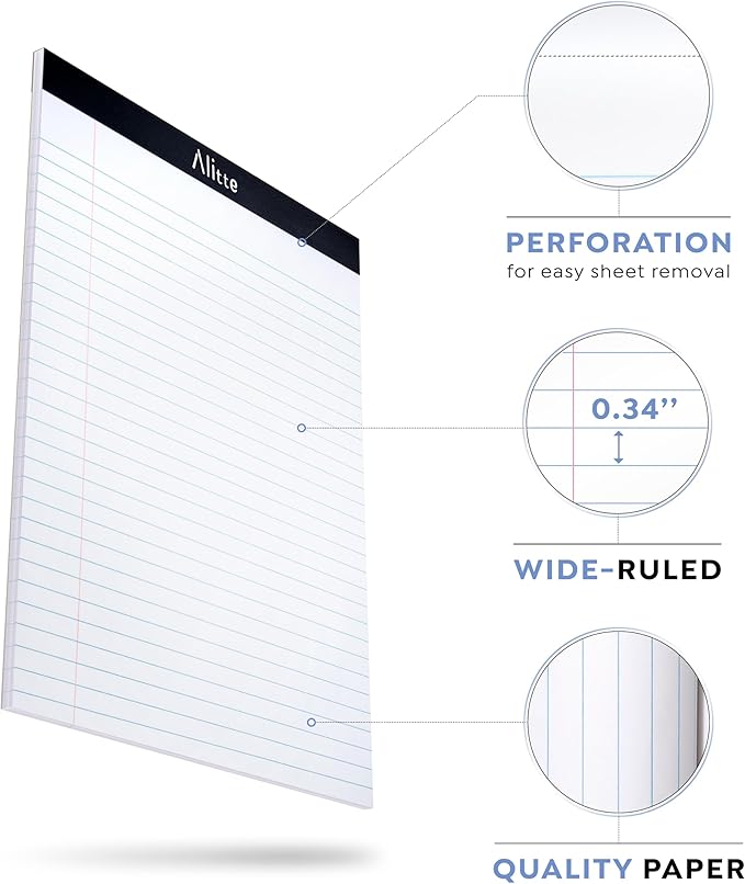 Alitte Legal Notepads 8.5 x 11, Pack of 12 - Perforated Wide Ruled Writing Pad - Premium Thick Paper, No Ink Bleeding - Blank Legal Pads For Home, Office, School, Business - 50 Sheets Per Notebook