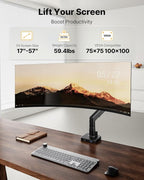 monTEK Sleek Aluminum Monitor Arm for 17–57” Ultrawide Screens up to 59.4 lbs, USB 3.0 A/C, Heavy Duty Single Monitor Arm Desk Mount, Pneumatic Lift, Quick-Release Plate, Clamp/Grommet, VESA 100x100
