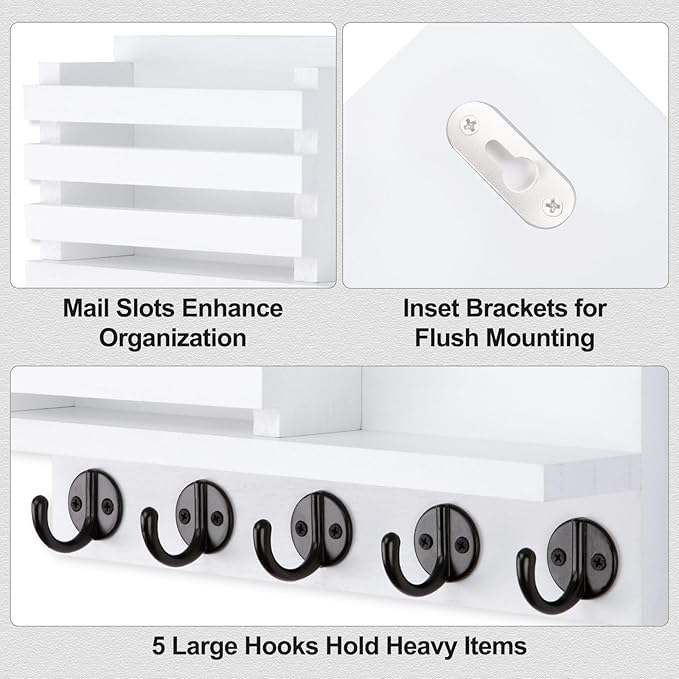 Lwenki Key Holder for Wall – Decorative Wooden Mail Holder and Key Shelf with Mounting Hardware, Installation Guide – Paulownia Wood with 5 Metal Key Hooks (11.8” x 6.7” x 2.8”)