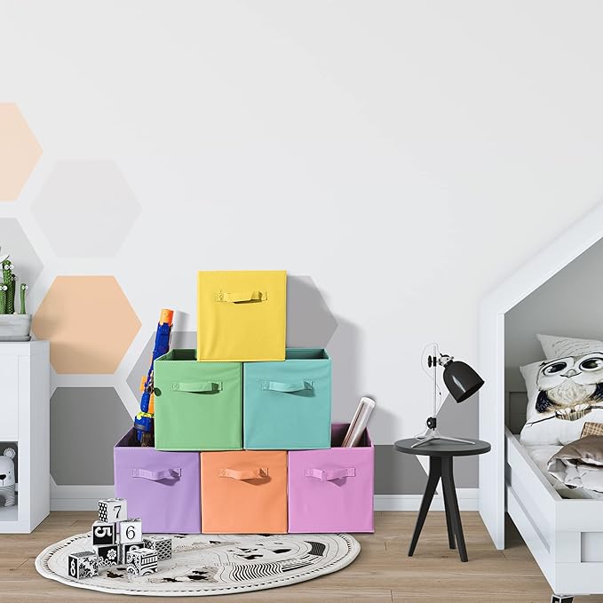 Sorbus 11 Inch Fabric Storage Cubes - Sturdy Collapsible Bins With Handle - 6 Foldable Baskets for Organizing Clothes, Toys, Books - Multi Colored Storage Baskets for Shelves, Kids Room, Closets