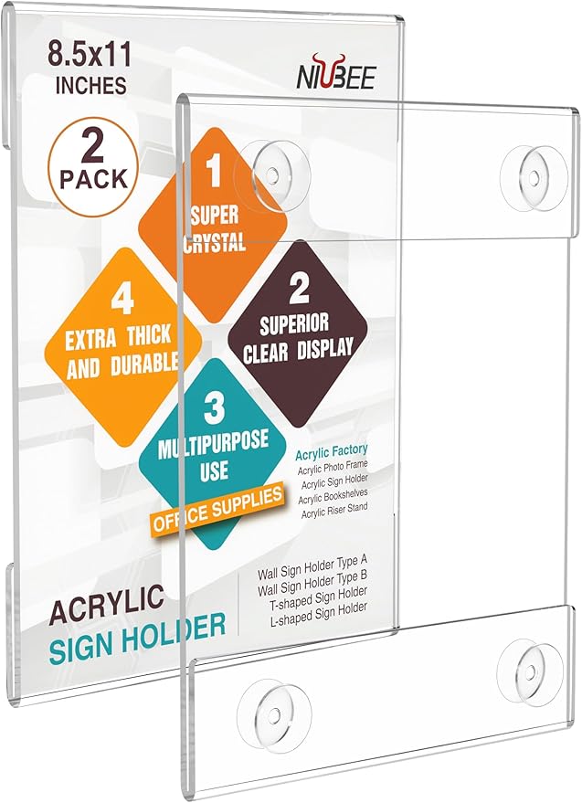 NIUBEE Acrylic Window Sign Holder:Glass Door Sign Holder with 4 Suction Cups 8.5x11 Inch--Window Mount for Displaying Flyers, Notices, Documents and Menus, for Office, Store, Home, Restaurant Use (2 Pack)