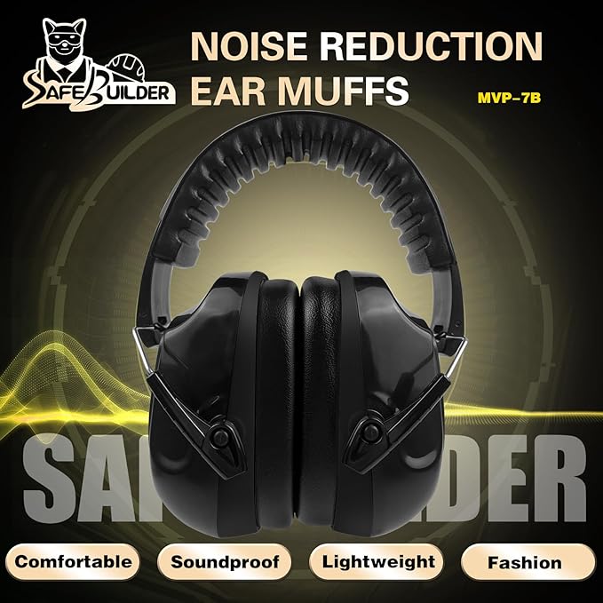 SAFEBUILDER Ear Muffs Noise Reduction SNR 33dB Adjustable Lightweight Safety Earmuffs Sound Proof Noise Cancelling ANSI