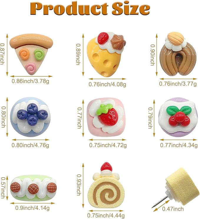 WINFA Push Pins Thumb Tacks for Bulletin Boards Decorative Pushpin for Corkboard Imitation Food Cakes Funny Thumbtacks for Photo Wall Kitchen Bar Cafe Decor (24 Pcs)