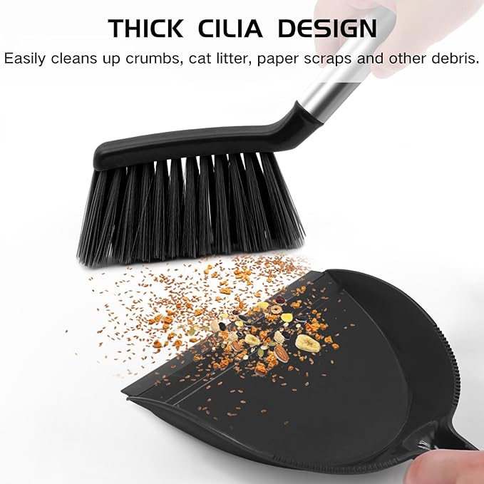 NACENA Mini Broom and Dustpan Set, Small Dust Pan and Brush Set with Handle Dustpan Teeth for Cleaning Hair Suitable for Office Desks Drawers Sofas Outdoor Camping, Black