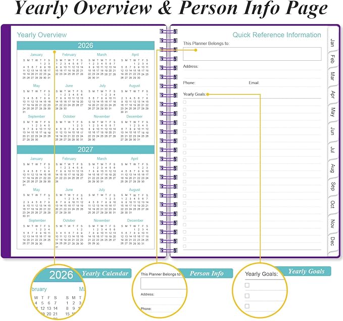 2026 Planner - Planner 2026 from January 2026 - December 2026, Weekly & Monthly Planners Spiral Bound with 12 Monthly Tabs, Inner Pocket, 6.4" x 8.5", Purple