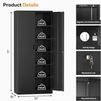 TaskStorz Metal Garage Storage Cabinets,71” Tall Metal File Cabinet with 5 Adjustable Shelves, Lockable Storage Cabinets for Office, Home, Garage, Warehouse 71" H x 32" W x 16" D (Black)