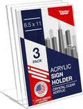Slant Back Acrylic Sign Holder 8.5 x 11 Inches, Portrait Ad Frame and Flyer Display Stand. Menu Holder and Table Sign Display for Home, Office, Store, or Restaurant Use. Acrylic Stands for Tabletop (3 Pack)
