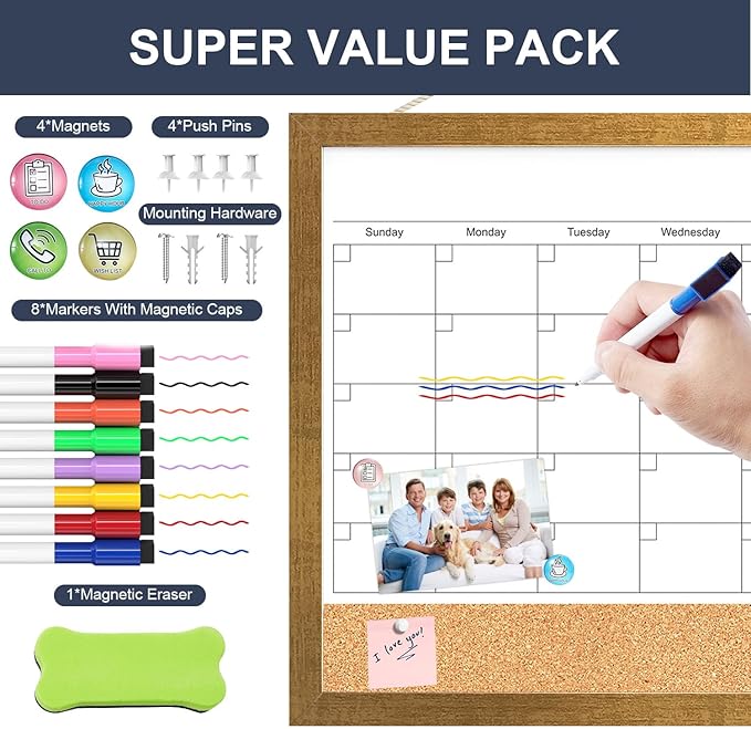 Calendar Whiteboard for Wall, 18x24 Inches White Board Calendar Dry Erase, Magnetic Monthly White Board with Gold Wood Frame, Hanging Dry Erase Board for Kitchen Home Office School Planner