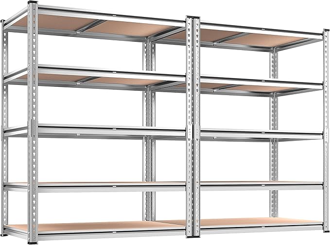 REIBII 2020LBS Garage Shelving Heavy Duty Metal Shelving 5 Tier Storage Shelves, Garage Shelves for Basement, Warehouse, Pantry, Closet, Kitchen, 72" H x 35.55" W x 16" D, Galvanized, 2 Pack