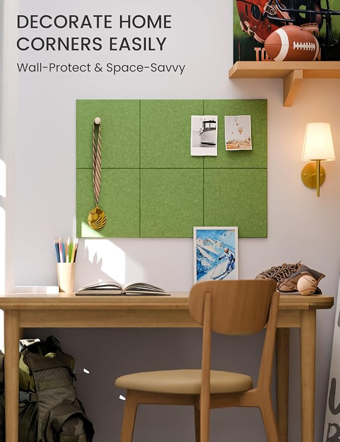 Felt Bulletin Board Tiles -28"x18" Cork Board Alternative for Office Decor, Push Pin Board Wall Organizer 6-Pack - Kelly Green