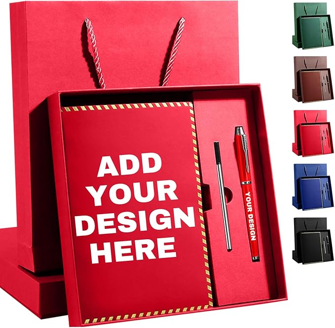 Vebermo Personalized Journal Notebook Set with Pen & Gift Box, Custom Name/Logo Notebook Black A5 College Ruled Lined 8.26''x5.9'' Personalized notebook Gifts for Men and Women,200 Pages,Red