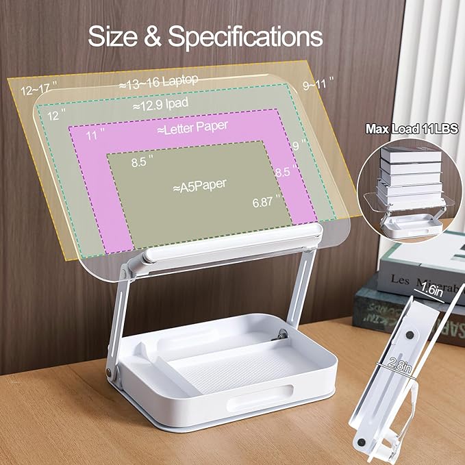 ZOEY Acrylic Book Stand for Reading Adjustable Book Holder with 360 Rotating Base and Storage Foldable Desktop Riser Stand for Cookbook Laptop Tablet Textbook Music Score with Page Clip 13.4x9.3x2.8in