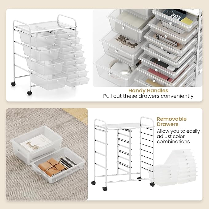 LDAILY 12 Drawer Rolling Storage Cart, Rolling Cart with Drawers for Classroom, Art Supply Craft Organizer on Wheel with Metal Frame & Handles for Home Office School (Clear, 12 Drawer Left-Right)