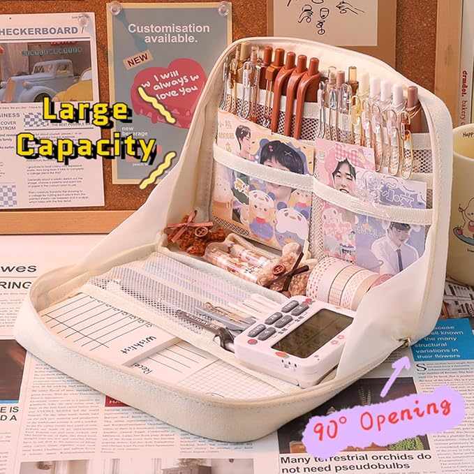 Fcteap Pencil Case Pouch Box Cute Kawaii Large Capacity Aesthetic Zipper Pen Holder Organizer Bag for Office Workspace Supplies Desk Accessories Travel (Off-White)