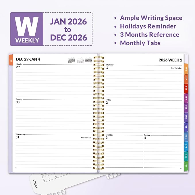 SUNEE 2026 Weekly and Monthly Planner - from January 2026 - December 2026, Daily Agenda Planner with Monthly Tab, Flexible Cover, Note Pages, Pockets, Bookmark, Spiral Binding, Purple, 8.5"x11"