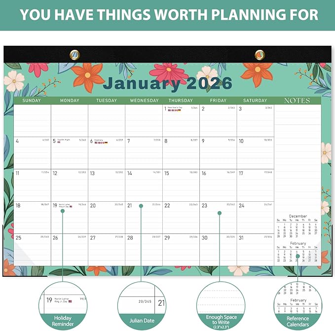 Desk Calendar 2026-2027, Jan 2026 to Jun 2027 - Large 17" x 12" Monthly Calendar with To-Do List and Notes for Home, Office or School, Cartoon Floral