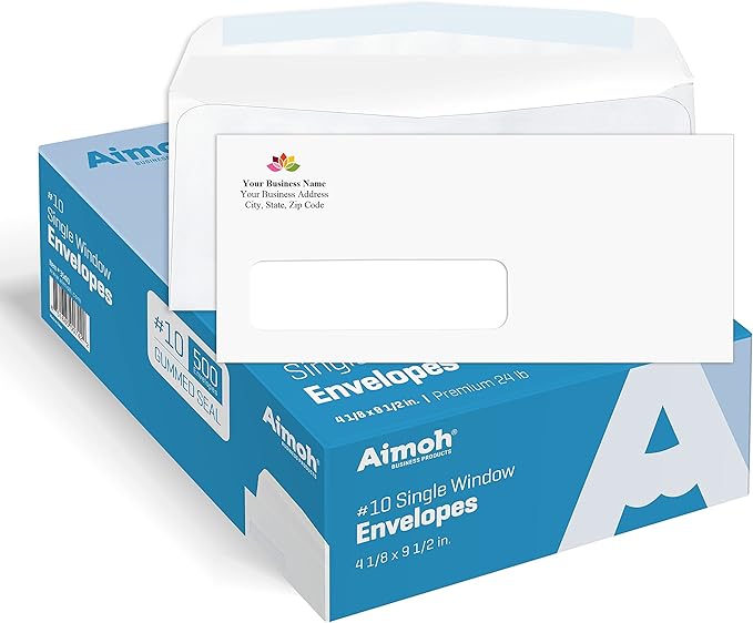 Aimoh 500#10 Custom Printed Single Left Window Envelopes - Text and Logo Customization - Gummed Closure - Size 4-1/8x9-1/2 Inches -24LB-500 Count (7-35410)