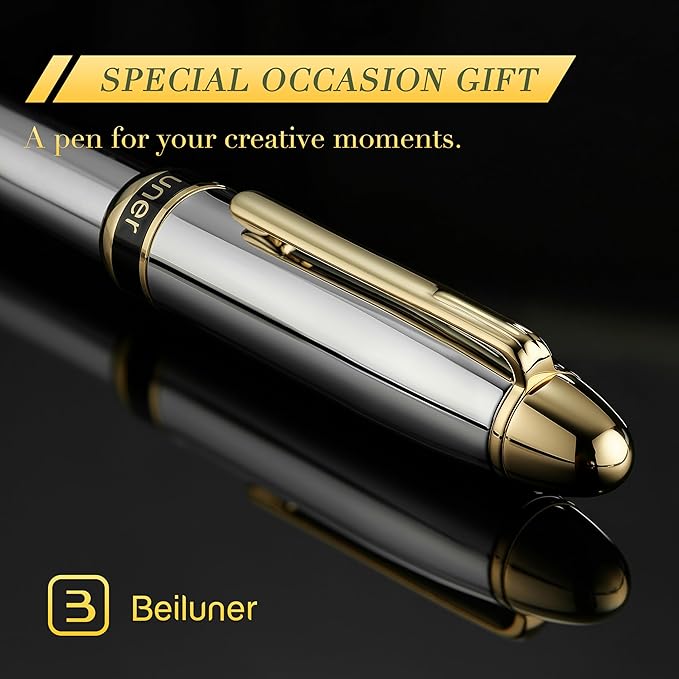 BEILUNER 315 Silver Chrome Fountain Pen,Stunning Luxury Pens with 24K Gold Accents, Gorgeous 24K Gilded Nib(Medium), Ink Converter,Fancy Pen Gift for Men&Women-Elegant, Office, Reliable, Nice Design