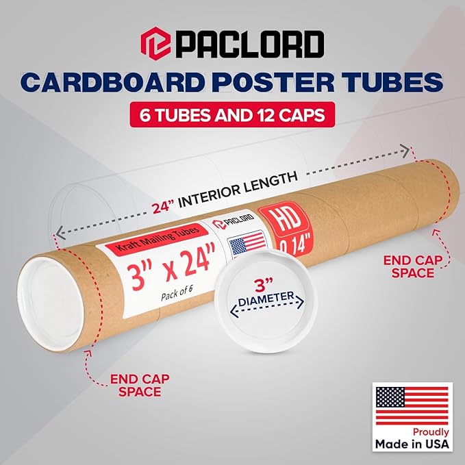 Paclord 3" x 24" Heavy-Duty Reinforced Cardboard Mailing Tube, Pack of 6 Tubes with 12 Caps – Secure USPS Approved – Great for Shipping and Storing of Prints, Artwork, Posters or Documents
