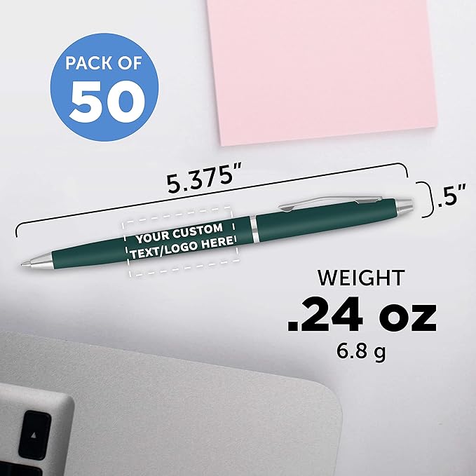 DISCOUNT PROMOS Custom Langham Ballpoint Pens Set of 50, Personalized Bulk Pack - Black Ink, Great for Office, School, Business, Tradeshows - Hunter Green