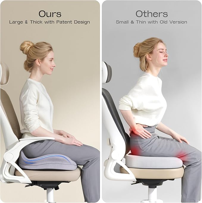 ZZ-WELL Seat Cushions for Office Chairs - Patented Extra Large Seat Cushion 21.2" W x 16.5" L - Memory Foam Seat Cushion for Tailbone Pain Relief, Sitting Pressure Relief (Light Grey)
