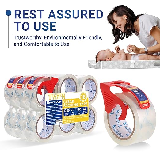 TegmenSeal Heavy Duty Clear Packing Tape with Dispenser Combo for Shipping, Moving & Storage,Thicker Clear Packing Tape, 1.88 inches Wide, 60 Yards Per Roll, 18 Pack 1080 Total Yards