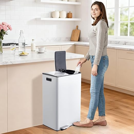 Garvee Dual Trash Can, 16 Gal (2 x 30 l) Stainless Steel Kitchen Garbage Can with Lid and Inner Bucket, Double Compartment Trash and Recycle Bin Combo with Step Pedal for Home Office, White