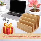 Deefielly Desk File Mail Organizer Countertop, 5 Slots Bamboo Folder Sorter Holder for Letter, Envelope, Paper, Bill Filing, Desktop Tray Organizer for Office & Home
