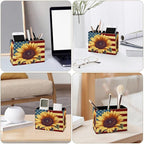 Famame Sunflower on American Flag Pencil Holder for Desk, Leather Desktop Container Pen Cup Storage Study Table Pen Organizer Makeup Brush Holder for Classroom Office Home