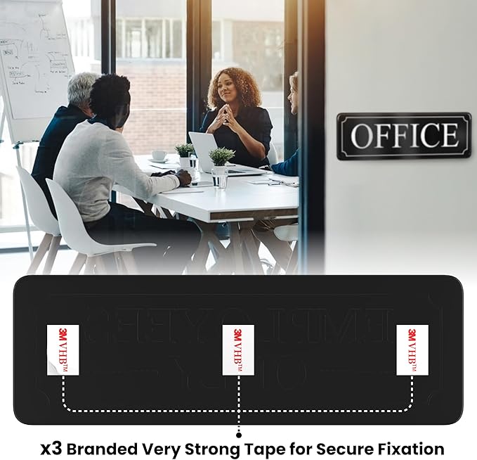 MolnijaPro - The Office Door Sign for Your Home and Business with Bigger Letters - Bright Acrylic Self-Adhesive Sign 9×3 in with Double Sided 3M Tape - Quick and Easy Installation Without Any Tools