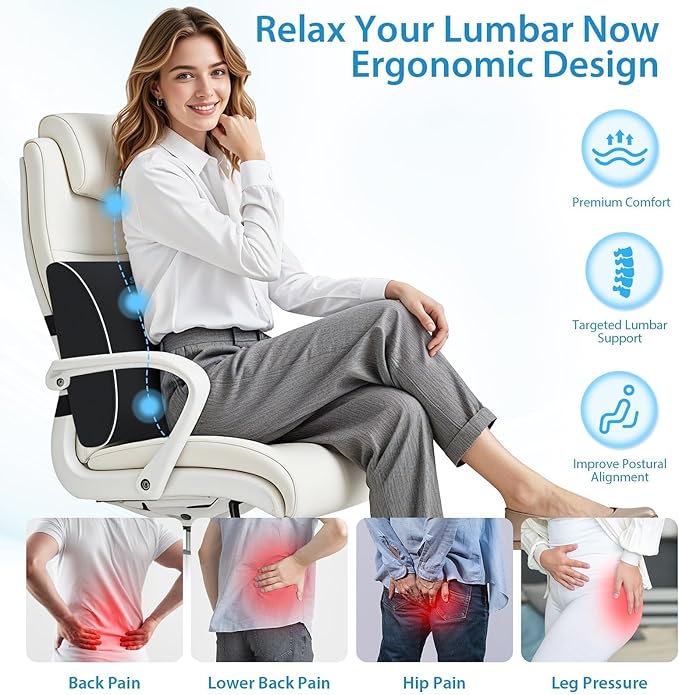 SweetSlubr Lumbar Support Pillow for Office Chair, Car Seats and Home Desks, Ergonomic Back Support with Double Adjustable Straps, Machine Washable Cover, Grey