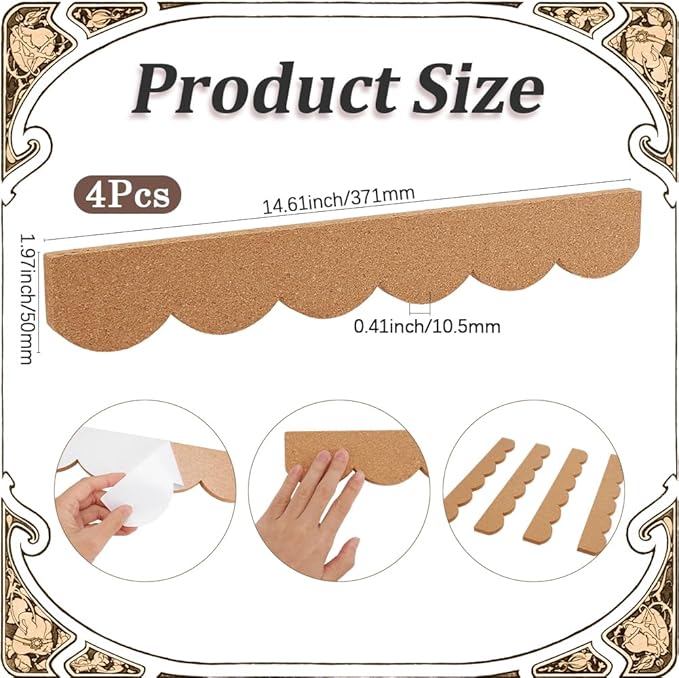 SOFPLATE 4Pcs Bulletin Bar Strip Cork Board Strips 14.6 x 2 Inch Self Adhesive Scalloped Frameless Cork Pin Notice Board for Classroom Office Home Cubicle Wall Decoration Hanging Photos Note Schedules