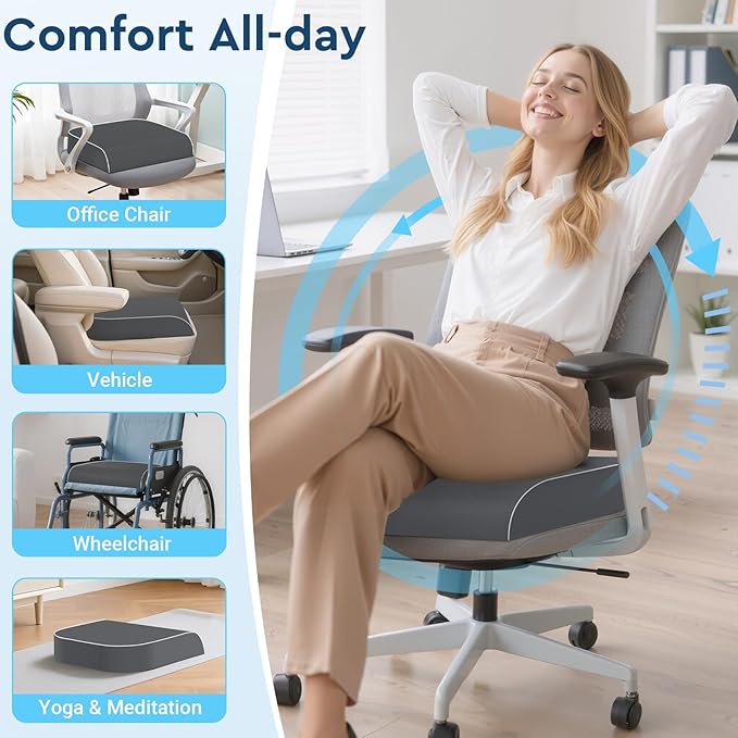 SofterCharm Seat Cushion, Memory Foam Office Chair Cushions for Long Sitting Hours, Chair Pad for Sciatica, Coccyx, Tailbone, Hip Pain & Pressure Relief, Office, Home, Car Seats,Airplane, Gray/X-Large