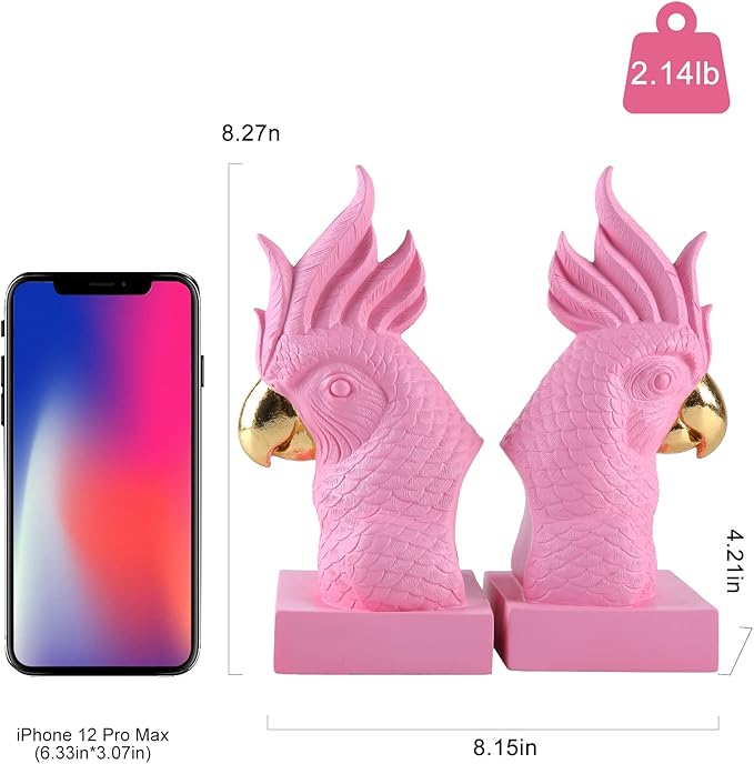 JOOMBE Pink Parrot Decorative Bookends,Set of 2 Cute Bird Animal Sculpture Book Ends to Hold Hevay Duty Books,Unique Resin Statues Book Stopper for Home Office Desk Bookshelf Decor