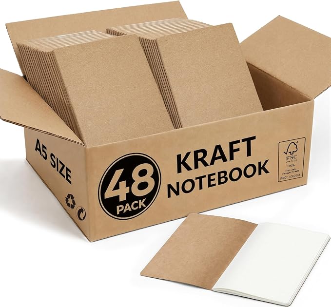 Foliom 48 Pack Kraft Notebooks Bulk A5, 60 Pages Blank Unlined Journals, 8.3x5.5 Inches, Natural Kraft Cover Composition Notebooks for School Office Students Artists