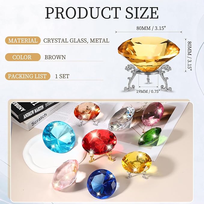 PATIKIL Diamond Crystal Paperweight, 80mm / 3.15" Crystal Paperweight Paper Weight with Silver 19 Metal Base for Home Office Desktop Table Decor Wedding Party Ornaments, Brown