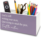 XPH Purple Christian Pen Pencil Holder Organizer for Desk, Christian Gifts for Women, God Is Still Writing Your Story Bible Verse Wooden Box Sign for Home Office Desk Tabletop Decorations