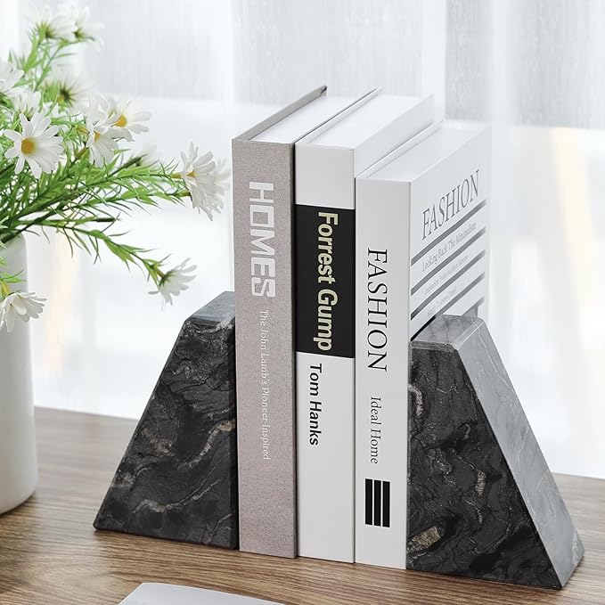 Karibiber Marble Bookends for Heavy Books, Decorative Book Ends for Shelves, Titanium Black Stone Durable and Heavy-Duty Book Ends for Hardback Books & CDS, Unique Book Stopper & Holder, Set of 2