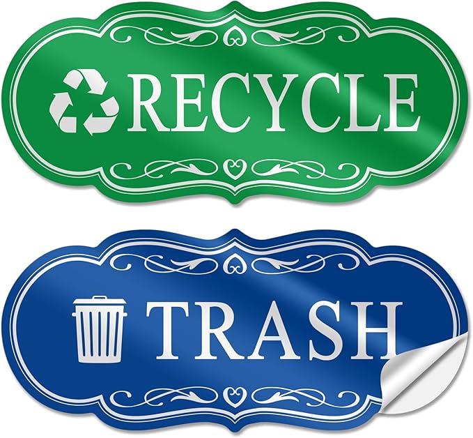 ASAVI Trash & Recycle Stickers – 2-Pack Self-Adhesive Vinyl Labels, Waterproof & Durable (Green Blue, Medium 6.3 x 2.7 inches)