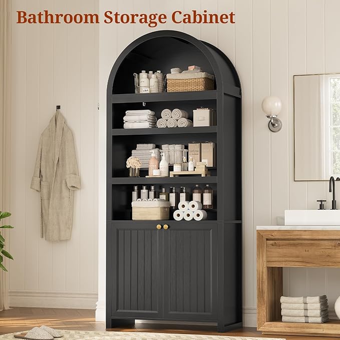 81" Tall Arched Cabinets,Bookcase with storage,Mid-Century Modern 6-Tier Bookshelf with Door,2 Book Risers and Adjustable Shelves offering more storage space for Living Room,Kitchen,Home Office,Black