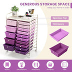 COSTWAY 15-Drawer Rolling Storage Cart, Mobile Utility Cart with Heavy-duty Frame & Lockable Wheels, Multipurpose Storage Organizer for Paper, Office, School, Purple Gradient