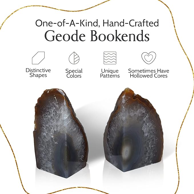 Nature's Decorations Natural Agate Bookends – A+ Grade Geode Heavy Duty Decorative Stone Crystal Book Ends for Shelves & Bookcases, Polished Bookshelf Decor, 1 Pair 6-8Lbs