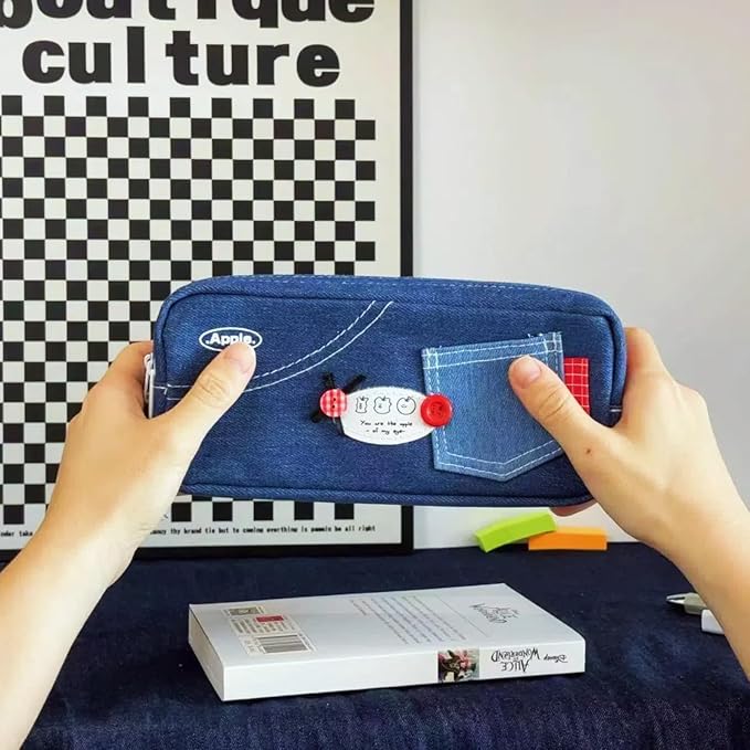 Haumei Canvas Pencil Case Large Capacity, Big Denim Pen Pouch with Zipper, Cute Durable Portable Stationary Storage Bag Organizer for Adults Women, Dark Blue, Button